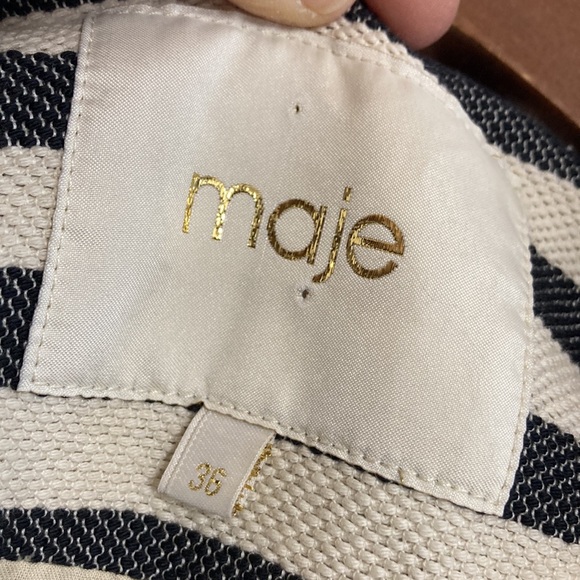 Maje Jacket Womens Small Gray Cream Cotton Striped Cropped Blazer Leather Trim - Picture 11 of 14